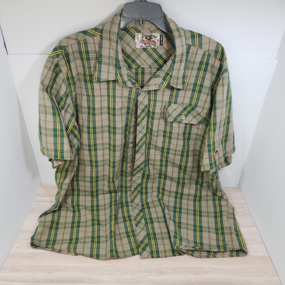 Mossy Oak Shirt Mens Green Plaid Button Up Short Sleeve Pocket Casual XXL